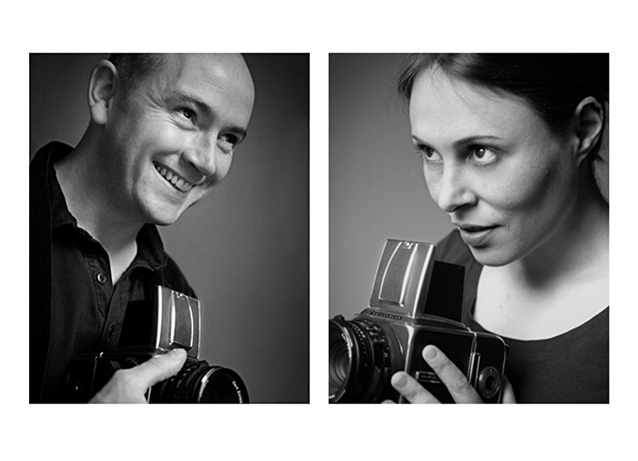 Ewan Barry and Audrey Pinard, black and white headshots